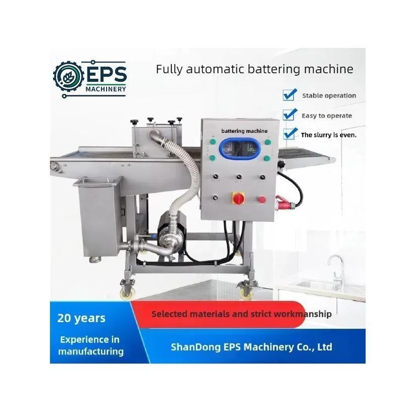 Máquina de bateria e de batida de peixes, camarões e bolas para processamento térmico